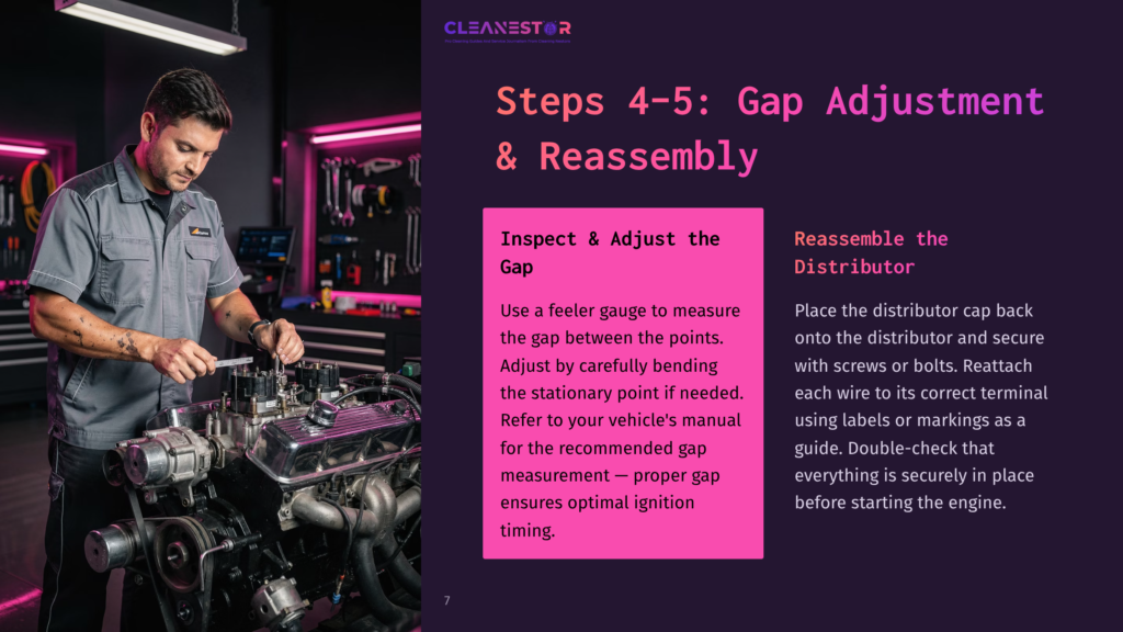 A Mechanic Adjusts A Distributor In A Dimly Lit Workshop With Pink Lighting, Using Tools And Focused On Precise Measurements.