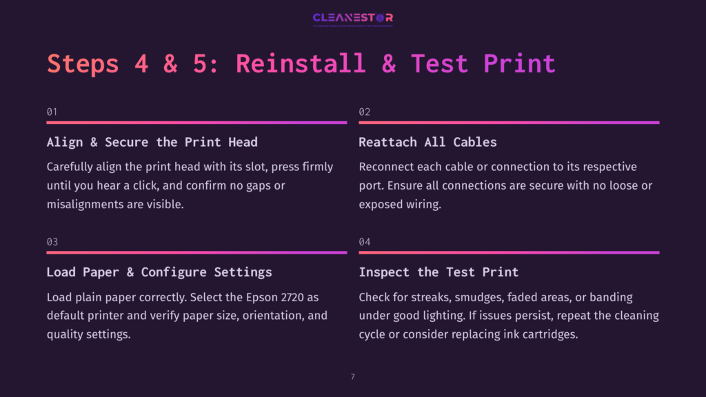 7 Steps 4 And 5 Reinstall And Test Print Steps 4 &Amp; 5: Reinstall &Amp; Test Print Guide With Instructions For Align &Amp; Secure Print Head, Reattach All Cables, Load Paper &Amp; Configure Settings, And Inspect The Test Print.