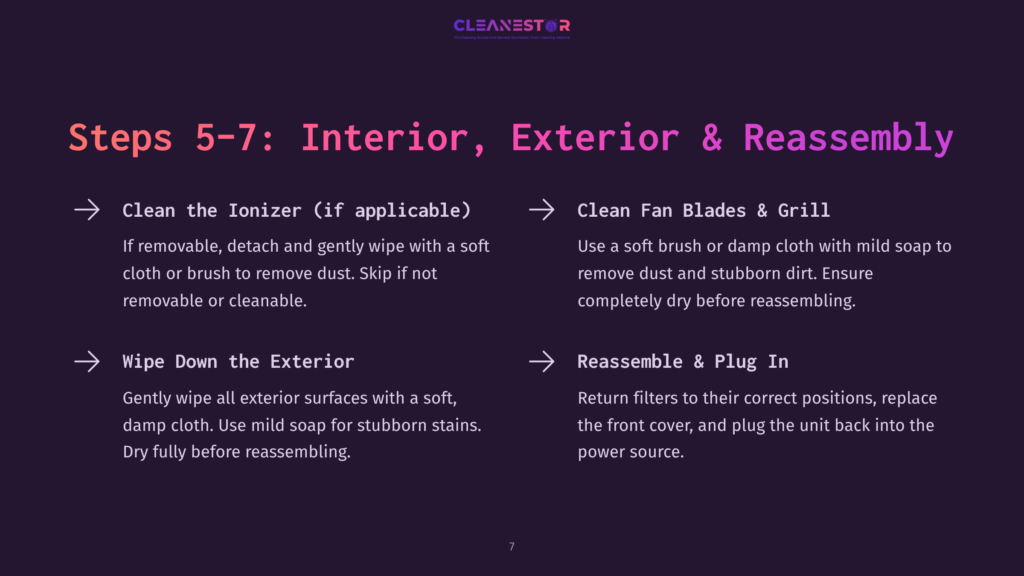 Steps 5-7 Guide: Cleaning An Air Purifier’s Ionizer, Fan Blades, And Exterior Surfaces With Simple Tools And A Soft Cloth.