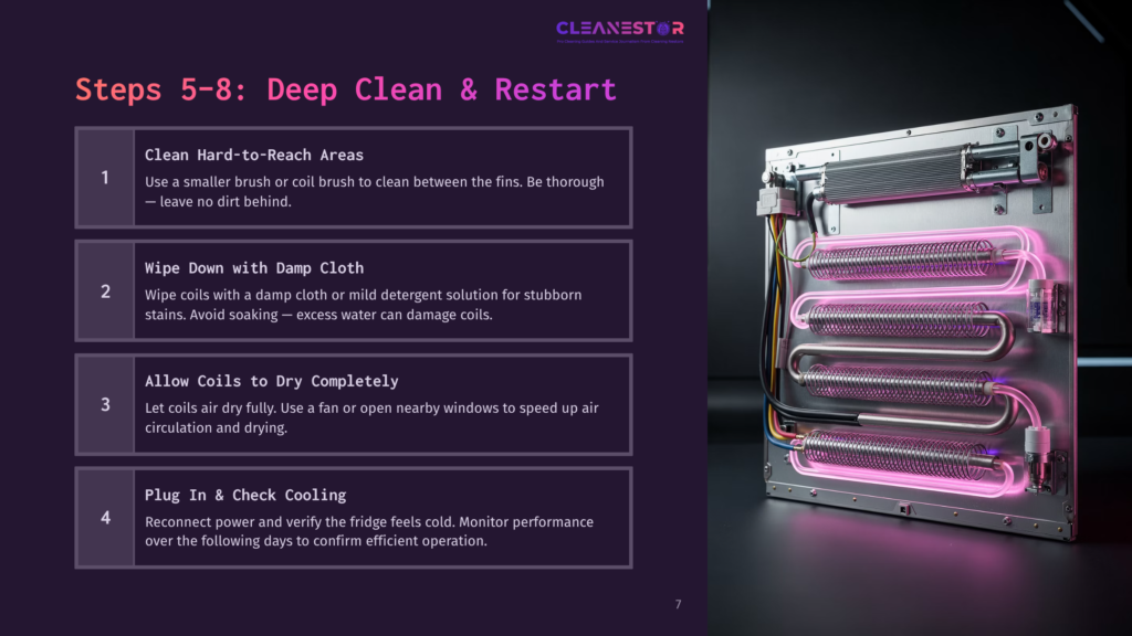 Diagram Showing A Refrigerator Coil Assembly With Pink Tubing, Alongside A List Of Cleaning Steps In White Text On A Dark Background.