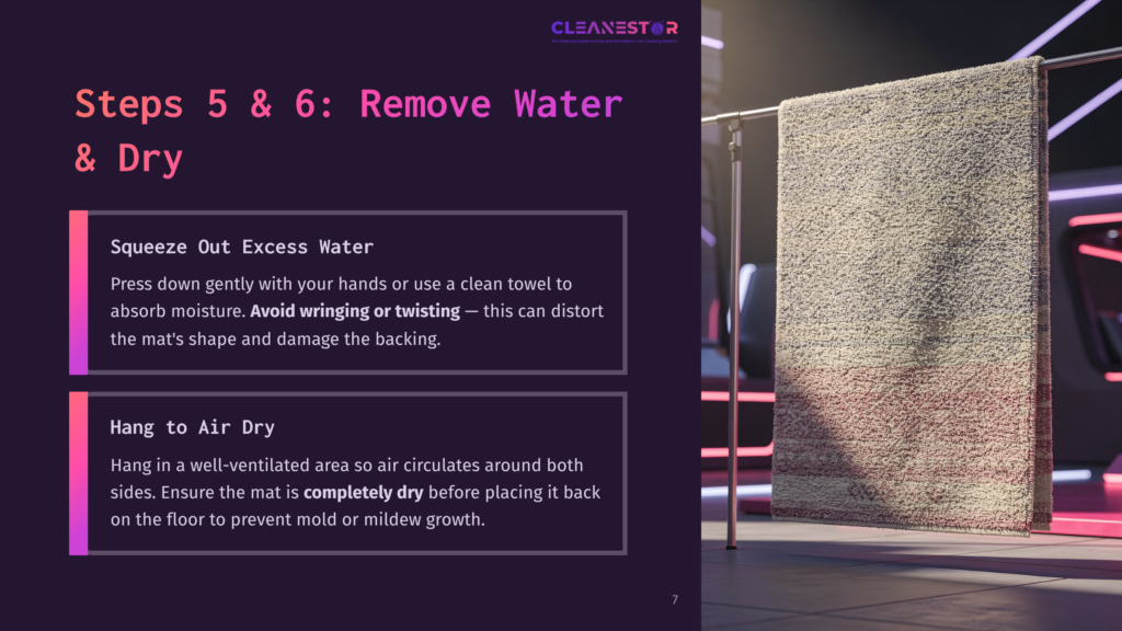 A Large, Textured Bath Mat Hangs On A Drying Rack, With Text Overlay From A Cleaning Guide Titled &Quot;Cleanestor: Steps 5 &Amp; 6: Remove Water &Amp; Dry.