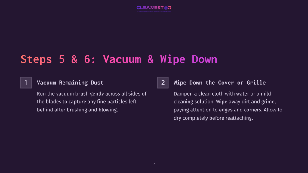 Instructions With Numbered Steps On A Dark Purple Background. Step 5 Shows A Vacuuming Process, And Step 6 Details Wiping Down A Fan Cover.