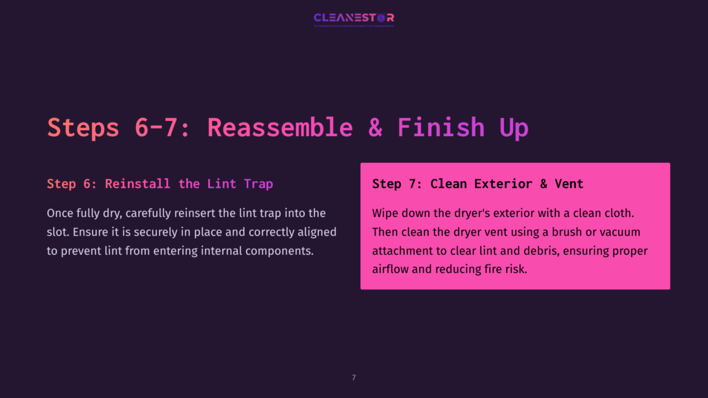 Steps 6-7: Reassemble &Amp; Finish Up. Step 6: Reinstall The Lint Trap. Step 7: Clean Exterior &Amp; Vent. Instructions For Dryer Maintenance.