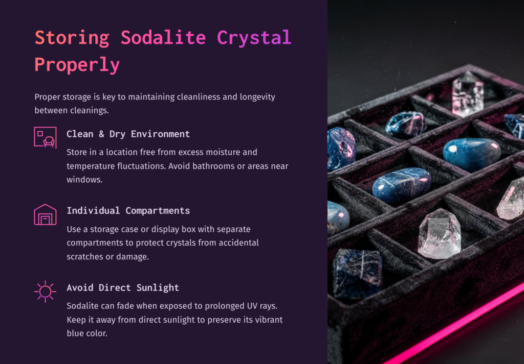 7 Storing Sodalite Crystal Properly A Dark Purple Background With White Text About Storing Sodalite Crystal Properly, With Bullet Points For &Quot;Clean &Amp; Dry Environment,&Quot; &Quot;Individual Compartments,&Quot; And &Quot;Avoid Direct Sunlight.&Quot; To The Right, A Close-Up Of A Black Velvet Jewelry Box With Individual Compartments Holding Polished Blue Sodalite Crystals And Clear Quartz Points.