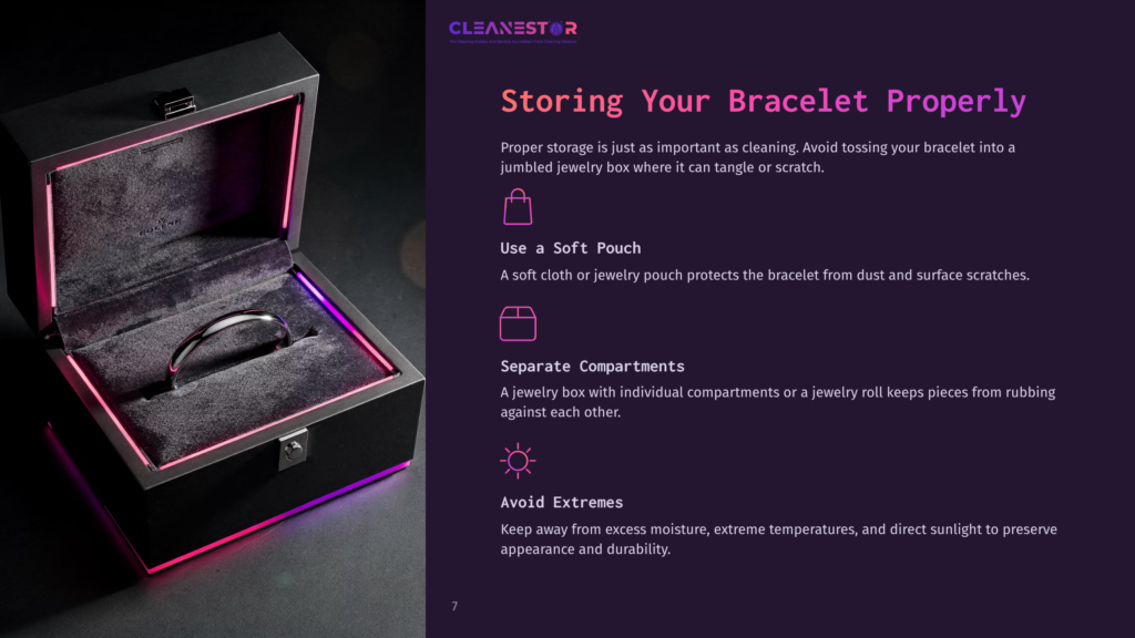 A Luxurious Black Jewelry Box With Soft Velvet Lining And Vibrant Pink And Purple Led Lights, Showcasing A Polished Silver Bracelet. Text Reads &Quot;Cleanestor&Quot; And &Quot;Storing Your Bracelet Properly.