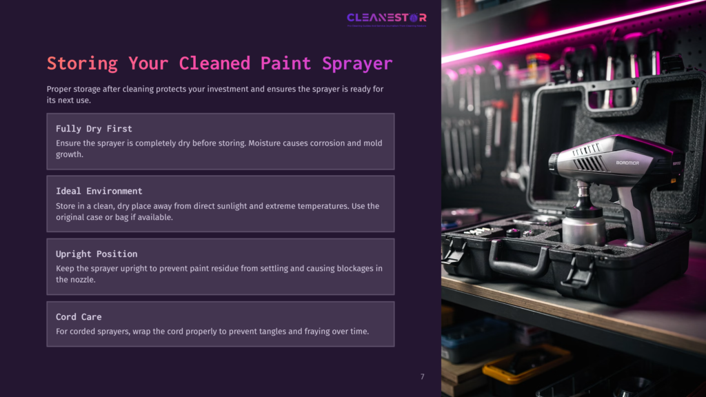 A Paint Sprayer Is Neatly Stored In A Case Surrounded By Tools, With A Vibrant Purple Light Illuminating The Workspace.