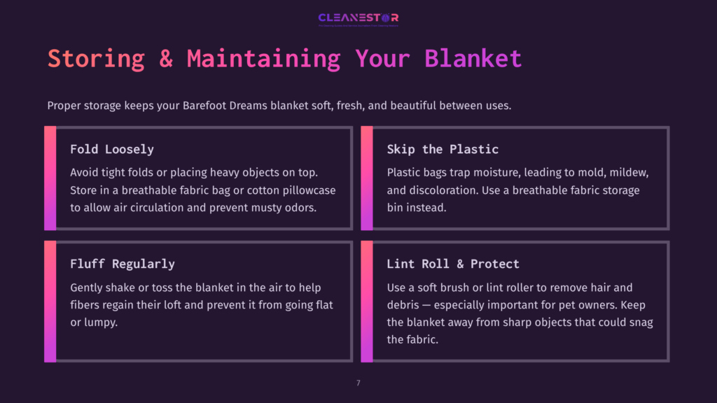 Infographic With Four Sections Advising On Blanket Care: Storage Tips, Fluffing Methods, Plastic Avoidance, And Lint Rolling, Using Soft Colors.