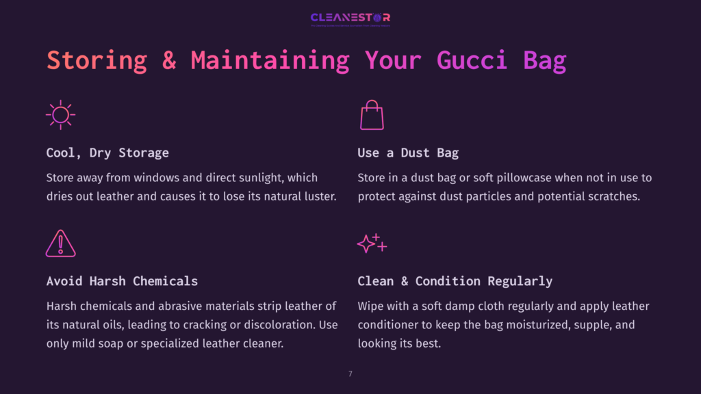 7 Storing And Maintaining Your Gucci Bag Text-Based Infographic With Purple And Black Background, Featuring Tips For Storing And Maintaining A Gucci Bag In White Font.