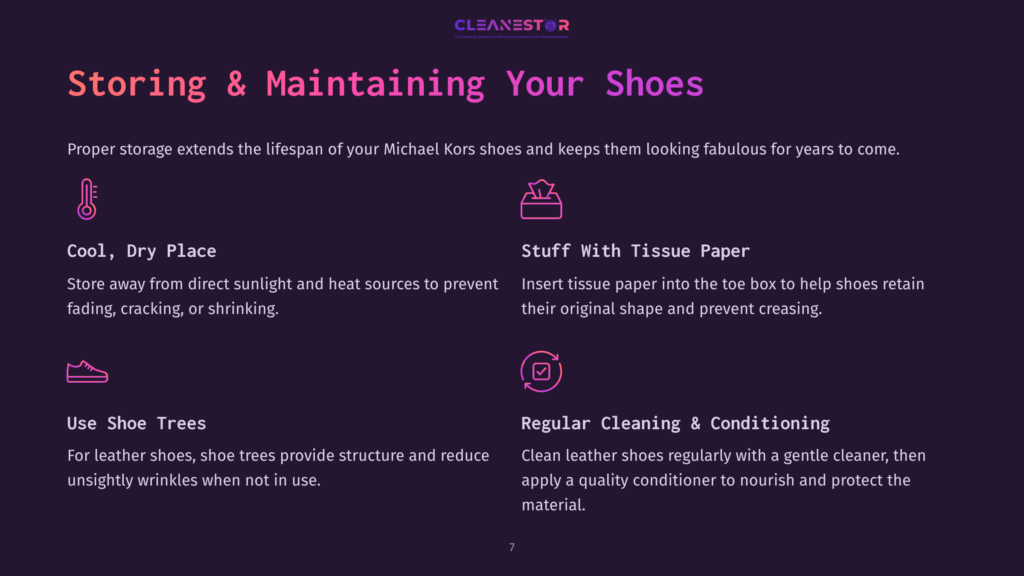Guidelines For Maintaining Michael Kors Shoes, Featuring Text On Sun Protection, Stuffing With Tissue, And Shoe Tree Use On A Dark Background.