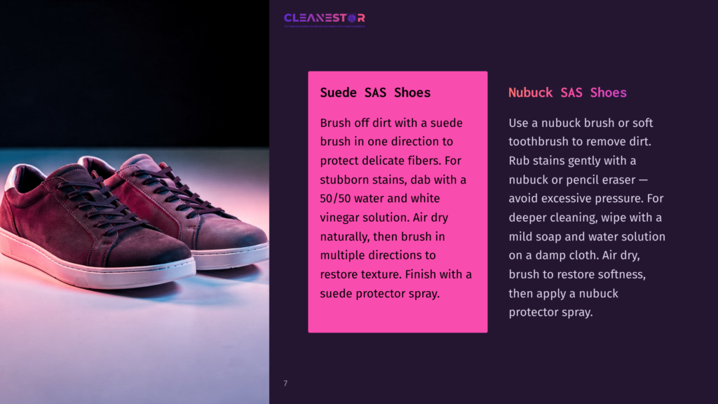Two Pairs Of Sas Shoes In Suede And Nubuck Styles Sit On A Surface, Accompanied By Cleaning Instructions In Contrasting Purple And White Text.