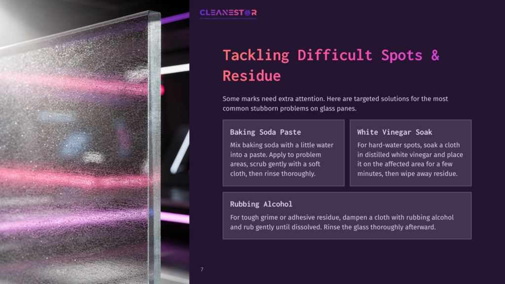 7 Tackling Difficult Spots And Residue 1 Close-Up Of A Textured Glass Pane With Sparkling, Iridescent Particles And Pink And Purple Light Reflections. Text Overlay Reads &Quot;Cleanestor Tackling Difficult Spots &Amp; Residue&Quot;.