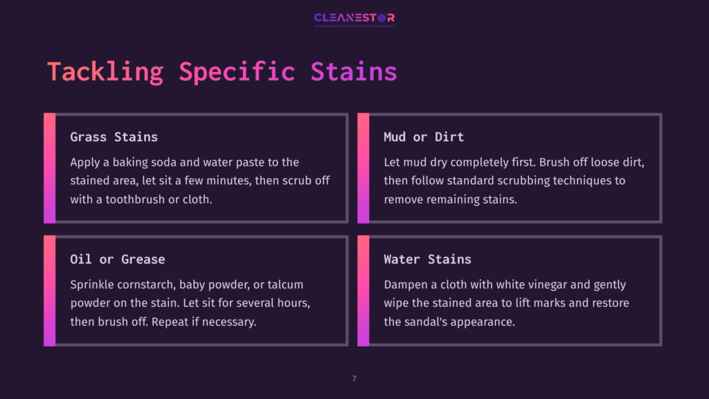7 Tackling Specific Stains Infographic With Purple Background Detailing How To Tackle Specific Stains On Shoes: Grass Stains, Mud Or Dirt, Oil Or Grease, And Water Stains, With Cleaning Instructions For Each.