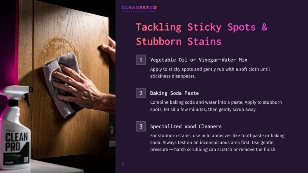 A Hand Applying A Cleaning Solution To A Wooden Cabinet Door, With A Bottle Labeled &Quot;Clean Pro&Quot; On The Left And Cleaning Steps Outlined.