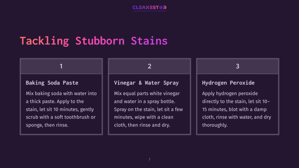 Tackling Stubborn Stains: Three Steps Using Baking Soda Paste, Vinegar And Water Spray, And Hydrogen Peroxide For Effective Stain Removal.