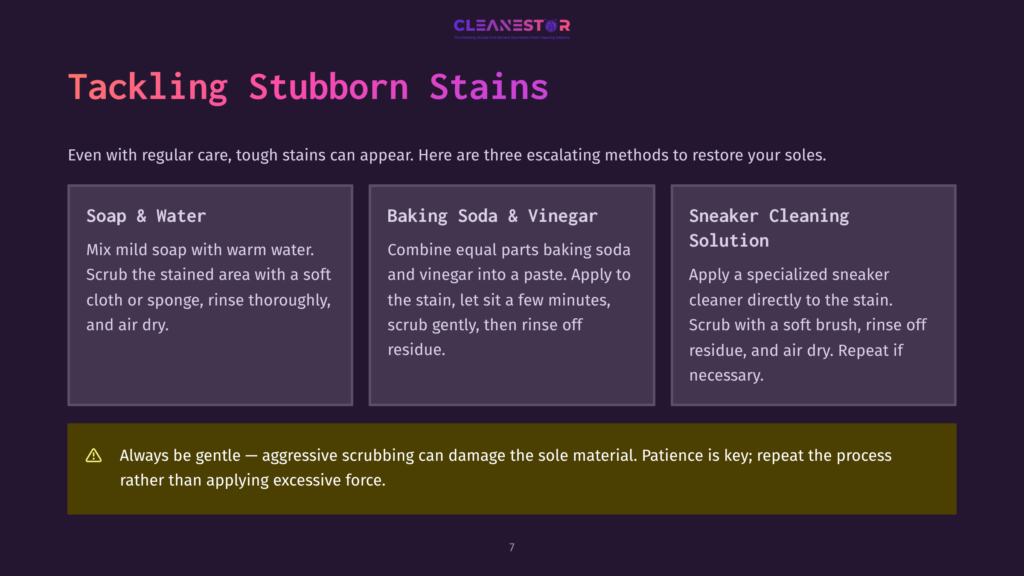 7 Tackling Stubborn Stains Tackling Stubborn Stains On Shoe Soles: Three Methods Are Described: Soap &Amp; Water, Baking Soda &Amp; Vinegar, And Sneaker Cleaning Solution. A Warning About Aggressive Scrubbing Is Also Present.