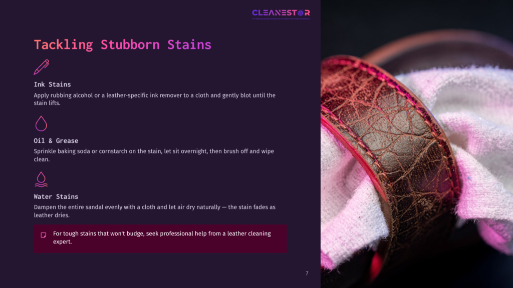 7 Tackling Stubborn Stains 3 Close-Up Of A Dark Brown Leather Strap Being Cleaned With A White Cloth, Showing Texture And A Hint Of Red And Pink From The Cleaning Process. Text Overlay: &Quot;Cleanestor Tackling Stubborn Stains&Quot;.
