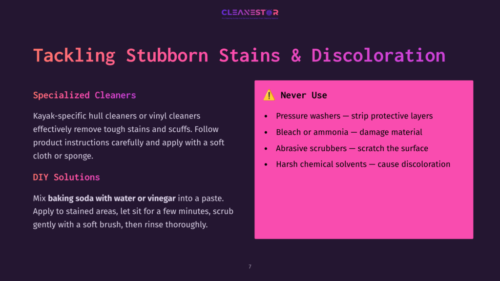 7 Tackling Stubborn Stains And Discoloration Tackling Stubborn Stains And Discoloration On Kayaks With Specialized Cleaners And Diy Solutions. Never Use Pressure Washers, Bleach, Ammonia, Abrasive Scrubbers, Or Harsh Chemicals.