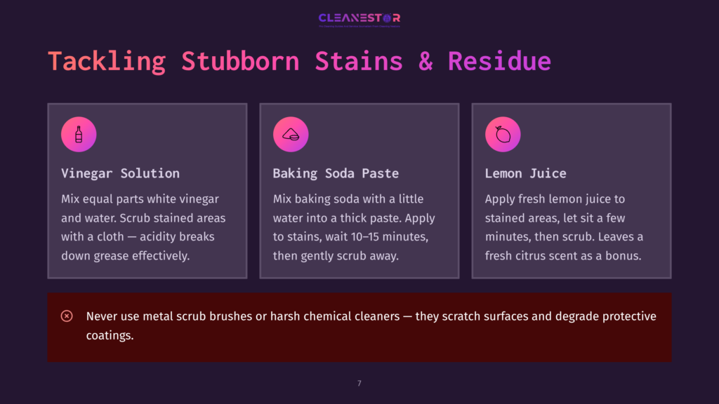 Graphic Titled &Quot;Tackling Stubborn Stains &Amp; Residue&Quot; With Three Cleaning Solutions: Vinegar, Baking Soda Paste, And Lemon Juice, With Instructions For Each.