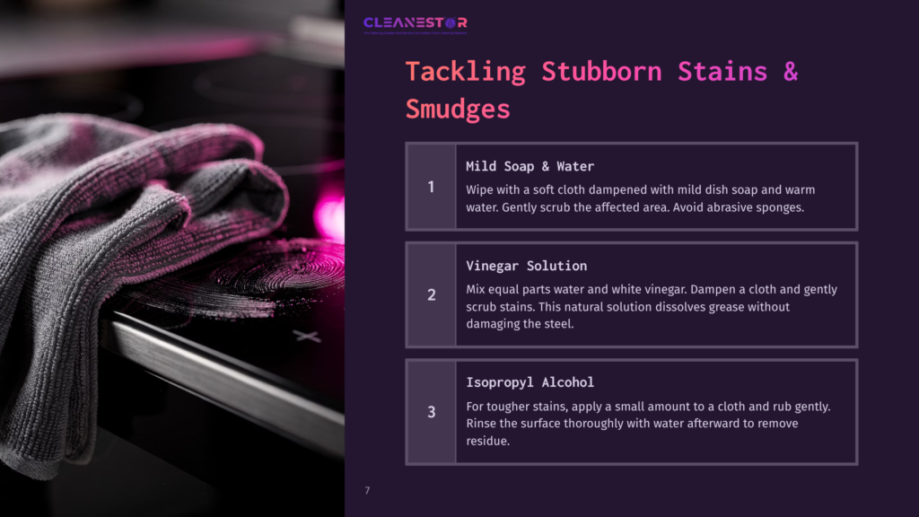 A Cleaning Guide Featuring Tips For Removing Stains From Black Stainless Steel Appliances, With Pink Gloves, A Stovetop, And Text Boxes.