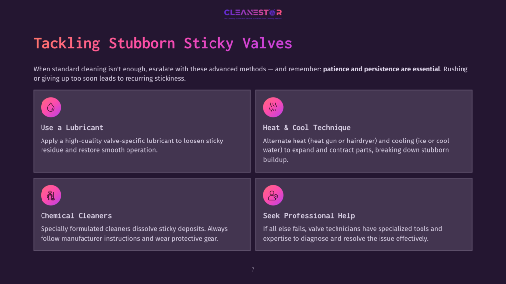 Four Cards Illustrating Methods For Tackling Stubborn Sticky Valves: Use A Lubricant, Heat &Amp; Cool Technique, Chemical Cleaners, And Seek Professional Help. The Title &Quot;Tackling Stubborn Sticky Valves&Quot; Is Prominent.