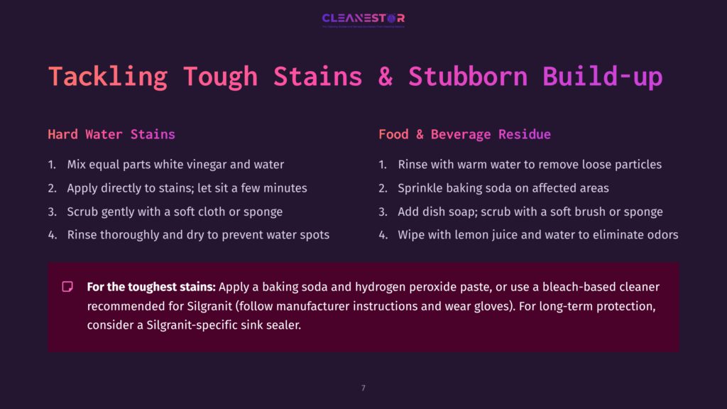 Cleanestor Logo. Text Reads &Quot;Tackling Tough Stains &Amp; Stubborn Build-Up&Quot; With Sections On &Quot;Hard Water Stains&Quot; And &Quot;Food &Amp; Beverage Residue,&Quot; Including Numbered Cleaning Steps And A Tip For Tough Stains.