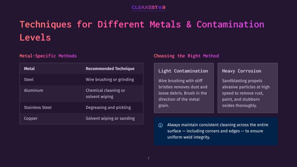 A Chart Titled &Quot;Techniques For Different Metals &Amp; Contamination Levels&Quot; From Cleanestor, Detailing Recommended Cleaning Methods For Steel, Aluminum, Stainless Steel, And Copper Based On Light Contamination Or Heavy Corrosion.