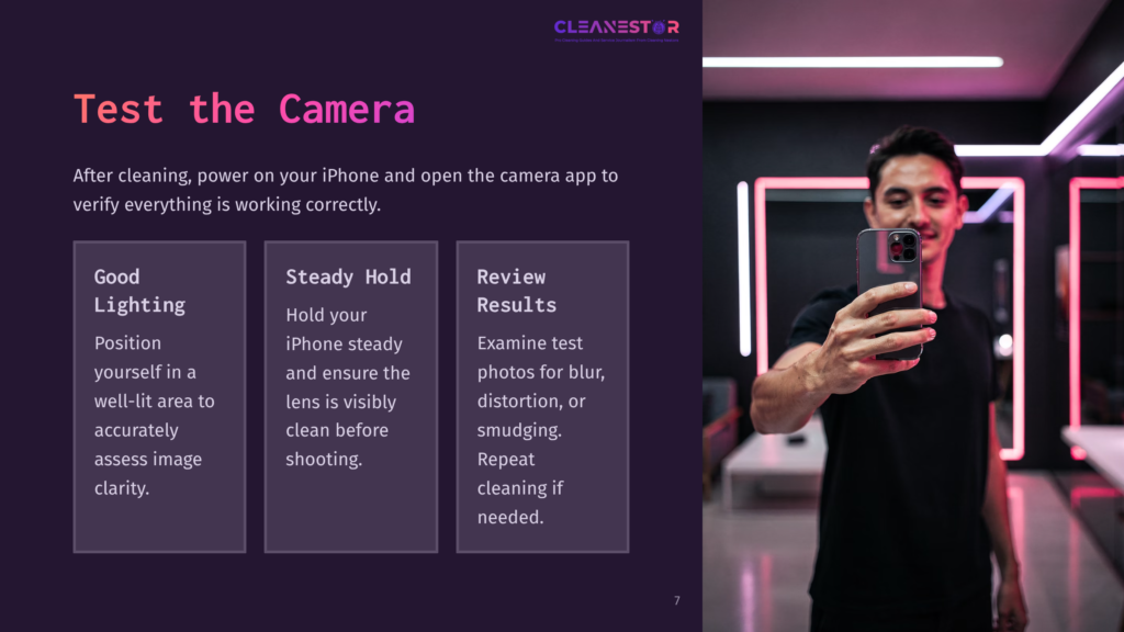 A Man Holding An Iphone In A Dimly Lit Room With Neon Lights, Beside Three Tips For Testing The Camera After Cleaning.