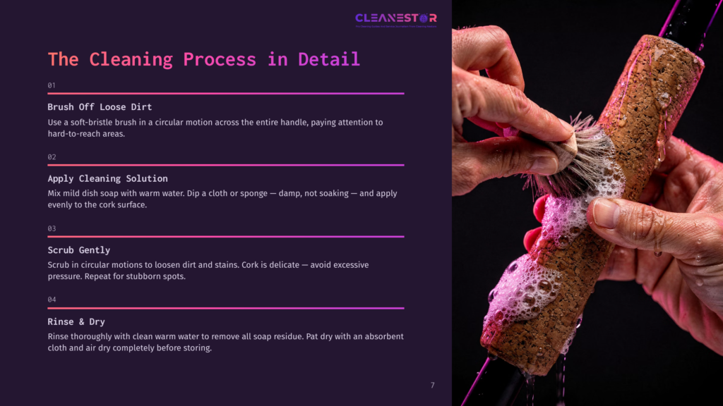 7 The Cleaning Process In Detail Close-Up Of Hands Gently Cleaning A Cork Stopper With A Soft Brush And Soapy Water, With The Text &Quot;The Cleaning Process In Detail&Quot; Visible On The Left.
