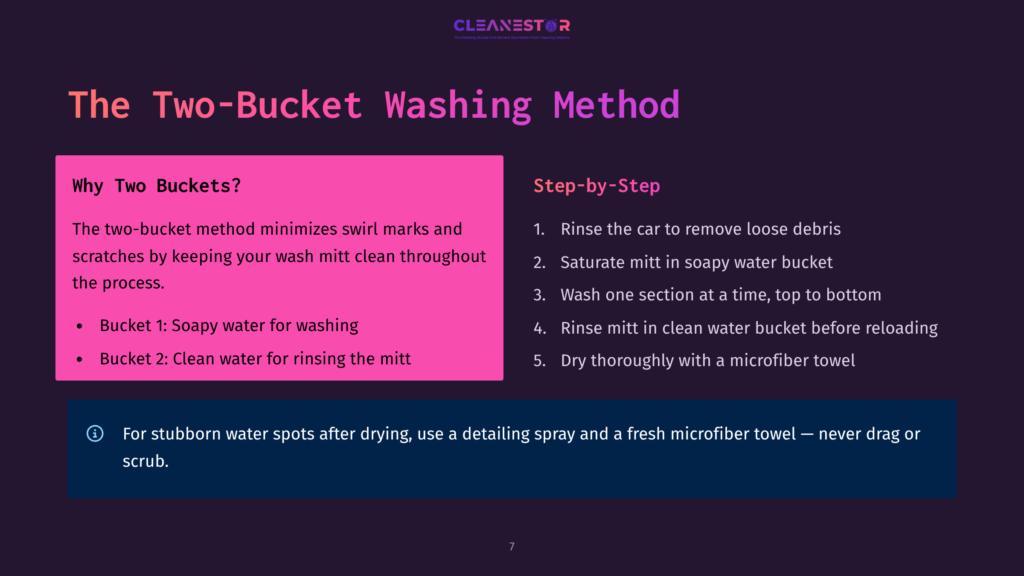 7 The Two Bucket Washing Method Two-Bucket Washing Method Infographic: &Quot;Why Two Buckets?&Quot; And &Quot;Step-By-Step&Quot; Sections Explain Car Washing Technique. Includes Cleanestor Logo.