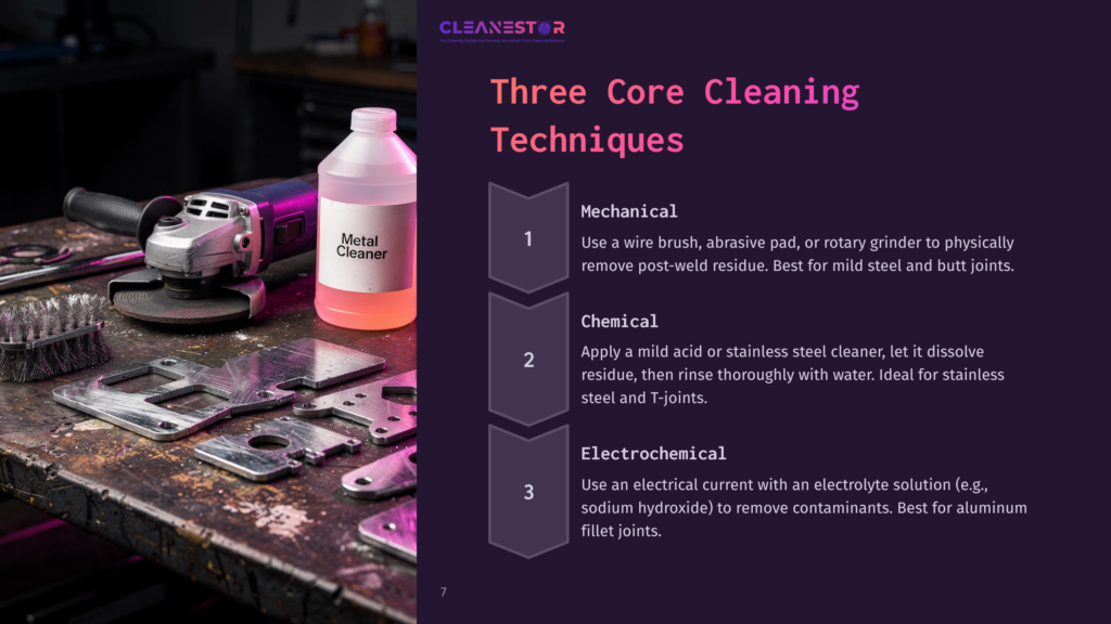 A Metal Cleaner Bottle Sits Next To A Grinder And Wire Brush On A Workbench, With Text Overlay Describing Three Core Cleaning Techniques: Mechanical, Chemical, And Electrochemical.