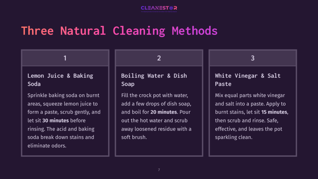Three Cleaning Methods Are Detailed In Boxes: Baking Soda And Lemon, Boiling Water With Dish Soap, And A Vinegar Paste, Each With Instructions.