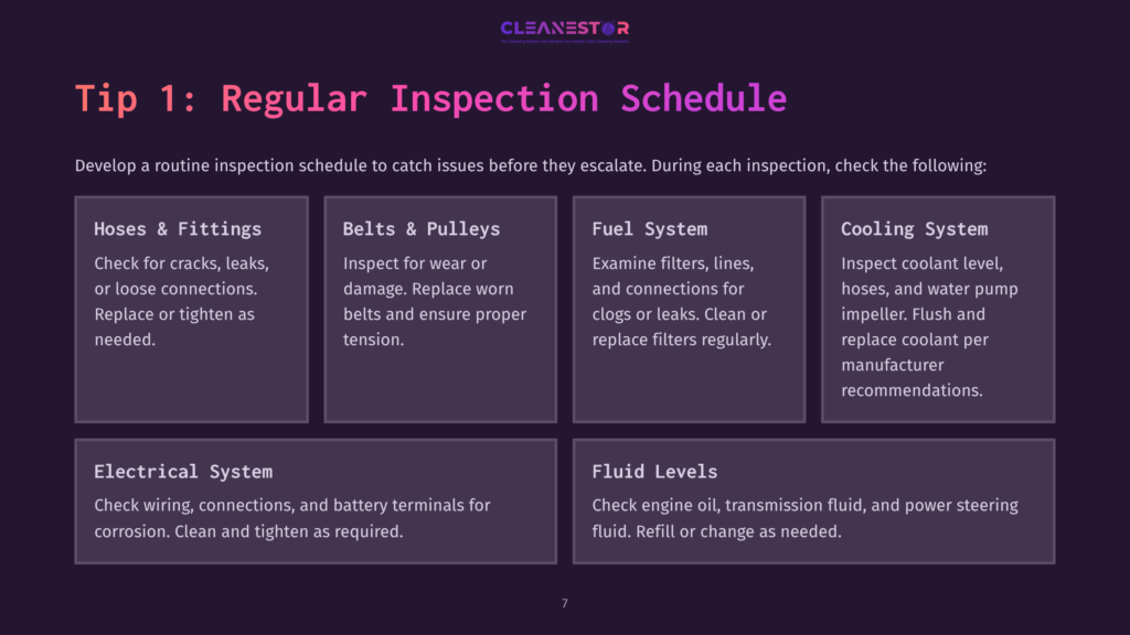 A Dark Purple Graphic With The Title &Quot;Tip 1: Regular Inspection Schedule&Quot; And Bullet Points Detailing Checks For Hoses &Amp; Fittings, Belts &Amp; Pulleys, Fuel System, Cooling System, Electrical System, And Fluid Levels.