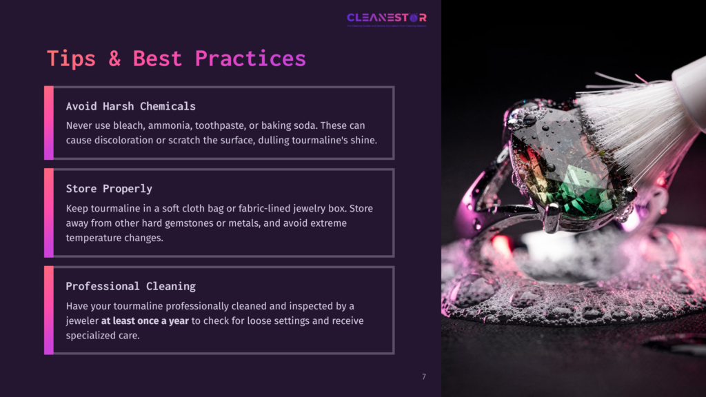 A Sparkling Green Tourmaline Ring Is Cleaned With A Soft Brush And Soapy Water, Set Against A Dark Background With Text About Tourmaline Care Tips.