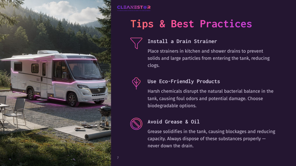 A Parked Rv With A Kitchen Setup Nearby, Featuring Tips For Maintaining A Gray Water Tank, Highlighted In Purple Text.