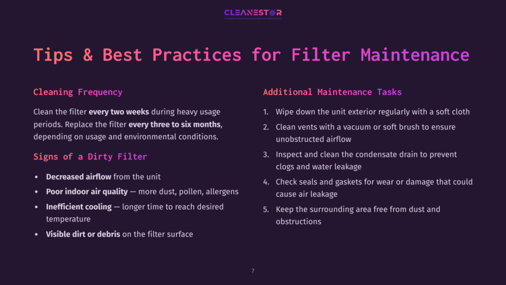 7 Tips And Best Practices For Filter Maintenance A Presentation Slide Titled &Quot;Tips &Amp; Best Practices For Filter Maintenance&Quot; From Cleanestor, Detailing Cleaning Frequency And Additional Maintenance Tasks For Hvac Filters.