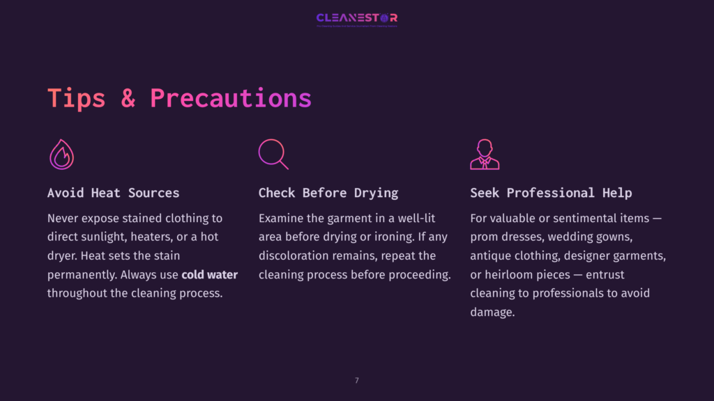 Tips And Precautions For Cleaning, With Text In Pink And White Set Against A Dark Purple Background. Key Points Include Avoiding Heat And Checking For Stains.
