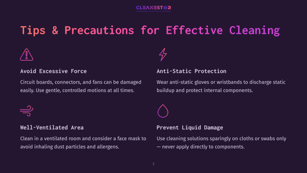 Graphic With Text Tips For Cleaning A Pc Safely: Avoiding Excessive Force, Using Anti-Static Protection, Ensuring Ventilation, And Preventing Liquid Damage. Background In Dark Purple With Vibrant Pink And White Accents.