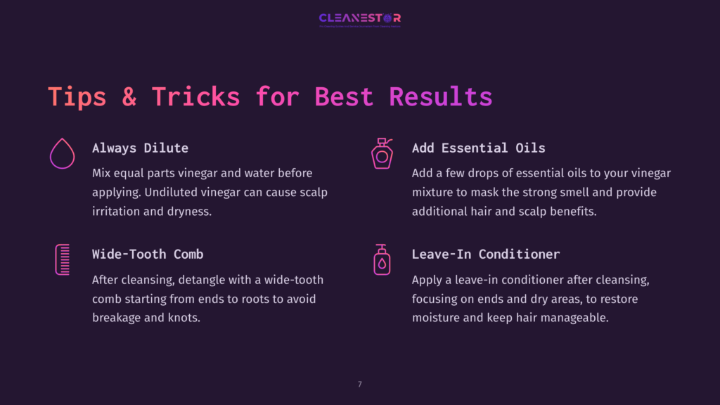 Tips And Tricks For Best Results: Always Dilute, Wide-Tooth Comb, Add Essential Oils, Leave-In Conditioner. Infographic With Icons And Text On A Dark Purple Background.