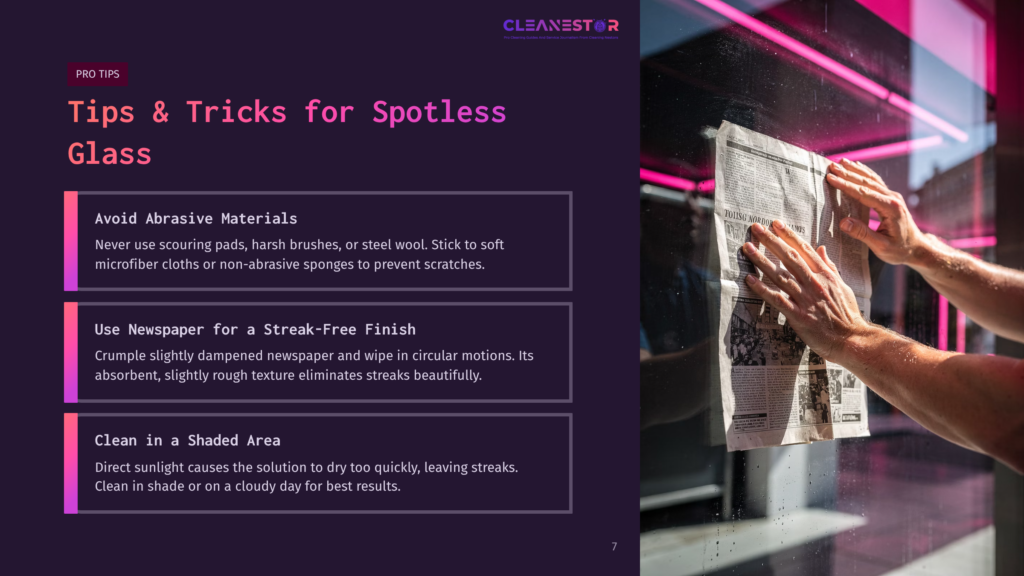 A Glass Surface Being Cleaned With Newspaper, With Tips For Maintaining Spotless Glass Highlighted In Purple Boxes.