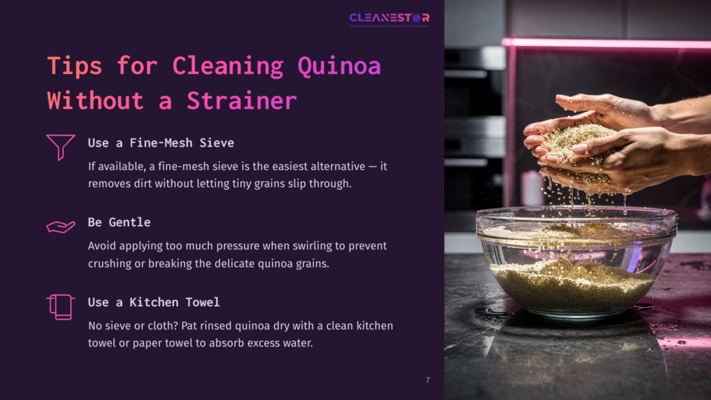 A Person Pours Rinsed Quinoa From Their Hands Into A Clear Bowl, With Tips For Cleaning Quinoa Displayed Alongside In Purple And White Text.
