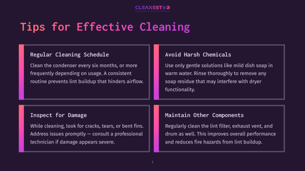 7 Tips For Effective Cleaning 1 Tips For Effective Cleaning: Regular Cleaning Schedule, Avoid Harsh Chemicals, Inspect For Damage, Maintain Other Components. The Image Is A Presentation Slide With Four Distinct Sections Detailing Cleaning Advice.