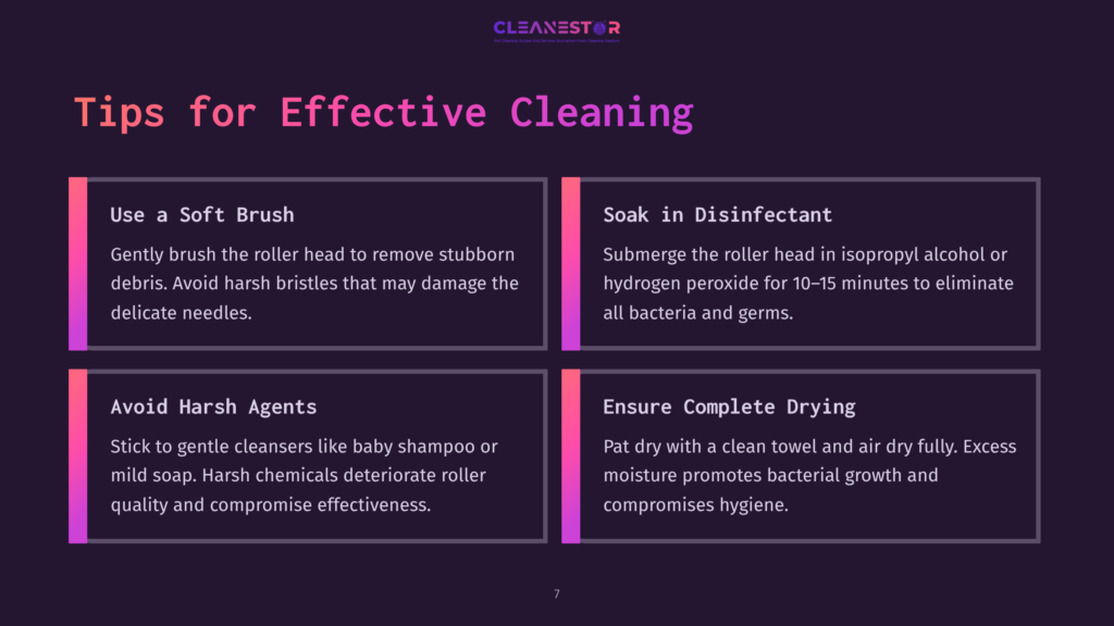 Four Tips For Cleaning A Derma Roller Are Outlined In Colored Boxes On A Dark Purple Background, Featuring Soft Brush, Disinfection, Harsh Agent Avoidance, And Drying Advice.