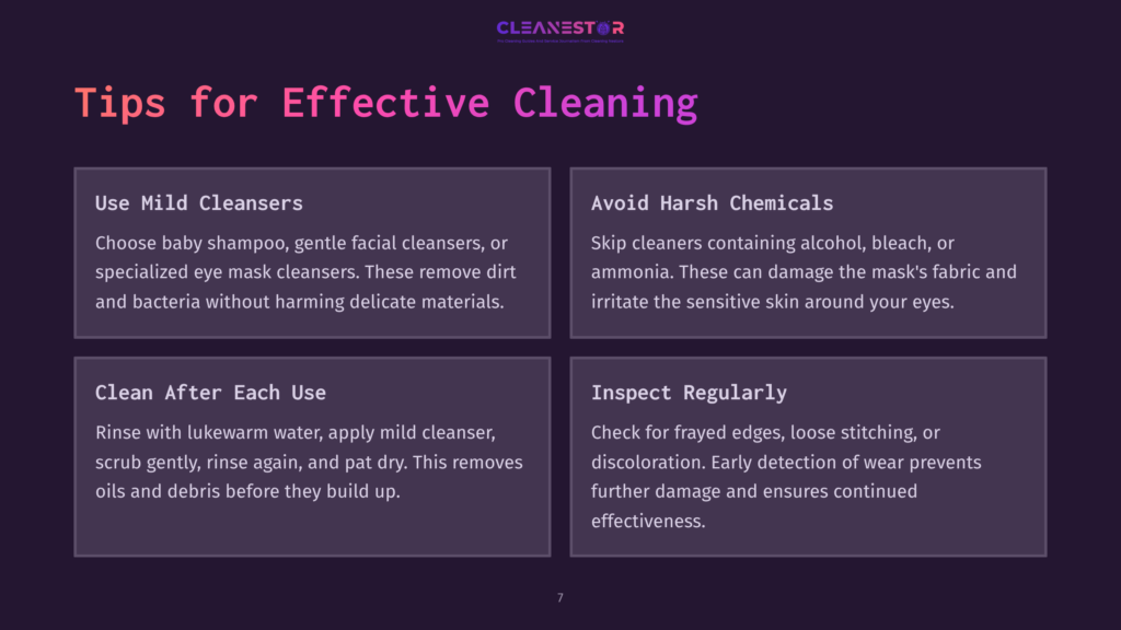 Infographic Titled &Quot;Tips For Effective Cleaning&Quot; With Four Sections: Use Mild Cleansers, Avoid Harsh Chemicals, Clean After Each Use, And Inspect Regularly. The Background Is Dark Purple.