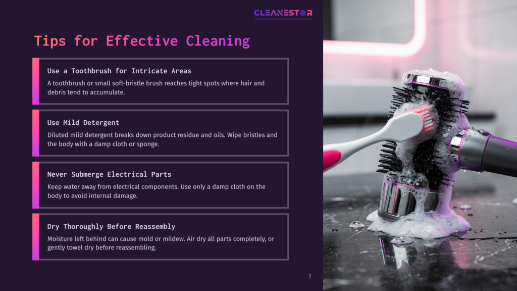 Close-Up Of A Pink And White Electric Toothbrush Cleaning A Silver And Black Hair Brush Covered In White Foam And Water Droplets. Tips For Effective Cleaning Are Displayed On The Left.