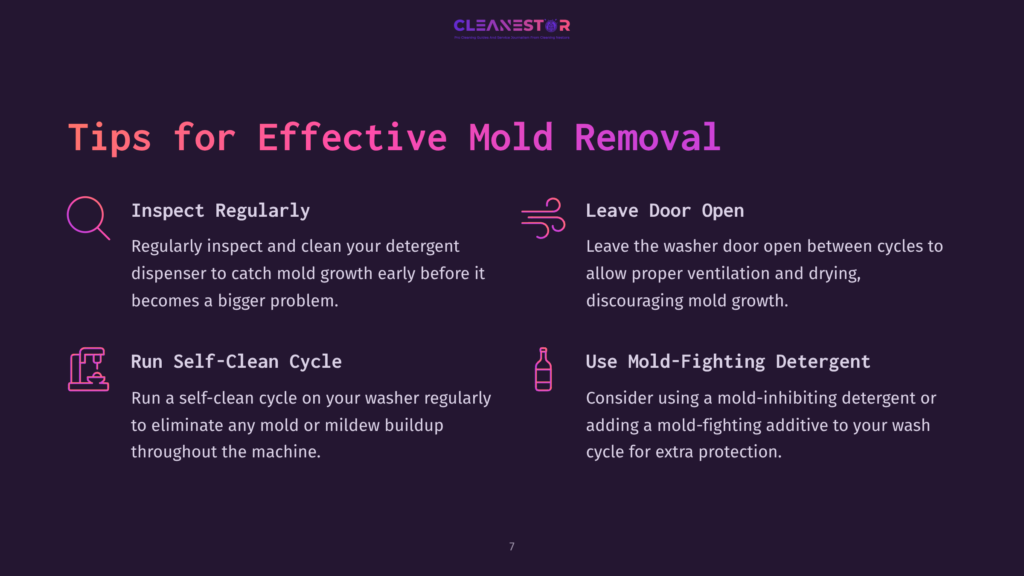 7 Tips For Effective Mold Removal Infographic Titled &Quot;Tips For Effective Mold Removal&Quot; With Icons And Text Detailing Inspection, Ventilation, Self-Clean Cycles, And Mold-Fighting Detergent For Washing Machines.