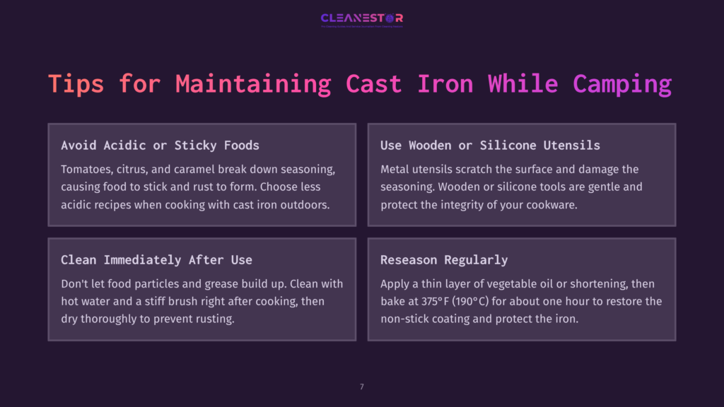Dark Purple Background With White And Light Purple Text Blocks Containing Tips On Maintaining Cast Iron Cookware While Camping.