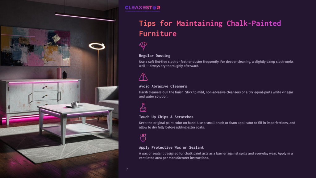 A White Chalk-Painted Side Table With A Drawer, Featuring A Pink-Lit Background, Beside A Lounge Chair And A Floor Lamp.