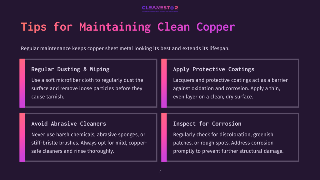 Text On A Dark Background With Tips For Cleaning Copper, Featuring Headings In Bright Pink And Bullet Points Outlining Maintenance Steps.