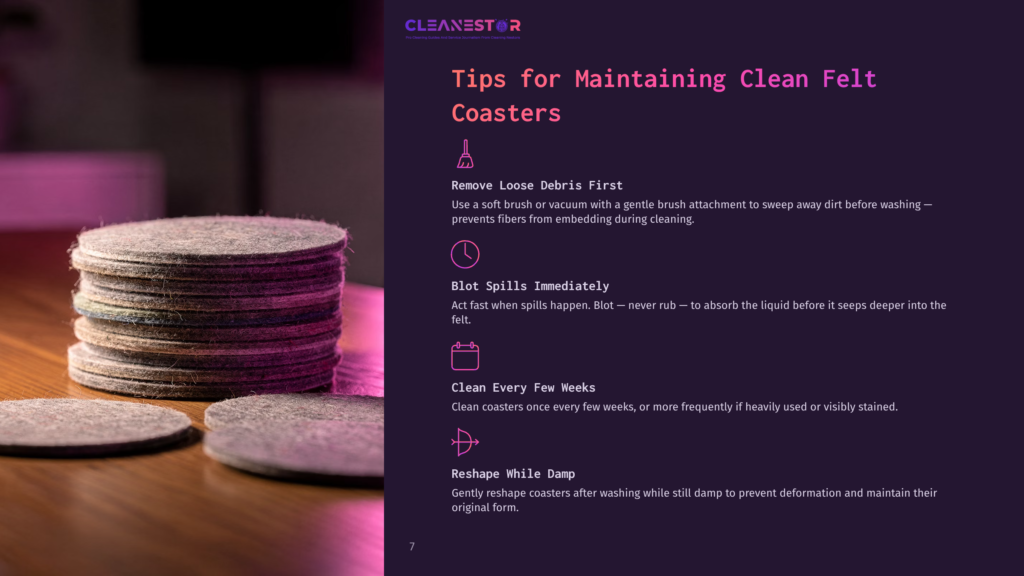 Stacked Grey Felt Coasters With A Few Scattered On A Surface, Accompanied By Cleaning Tips In Bold Text And A Vibrant Purple Background.