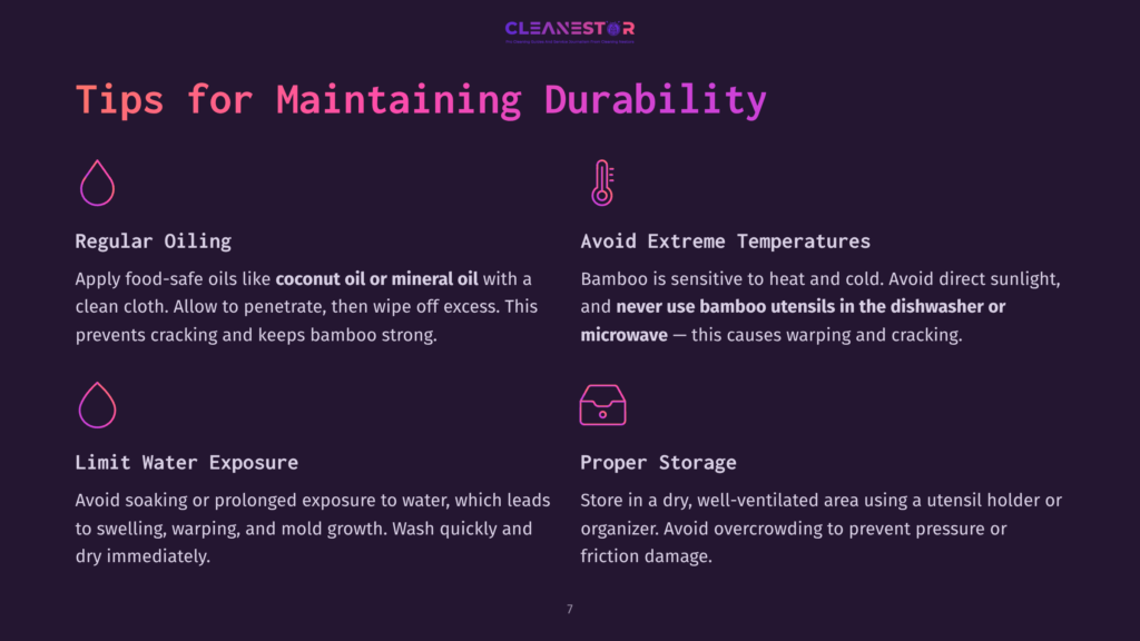 Textual Graphic Featuring Bullet Points On Maintaining Bamboo Utensils, With A Dark Background, Pink And White Text, And Icons For Visual Emphasis.